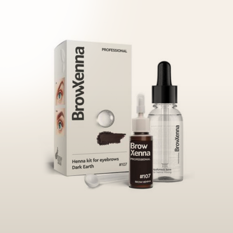 Kit de henna para cejas BROWXENNA®: frasco con gotero y caja, #107 Dark Earth