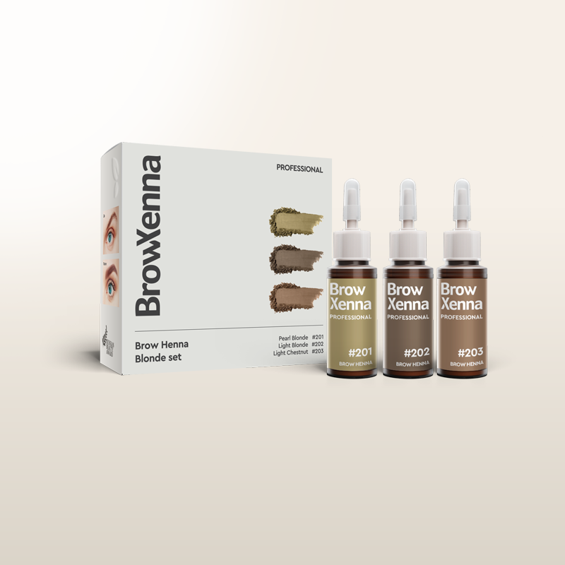 Set de henna para cejas BROWXENNA® con 3 tonos rubios, frascos con gotero