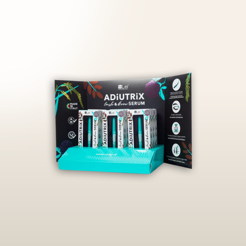 Expositor de mostrador INLEI® Adiutrix con base turquesa y tubos de suero visibles