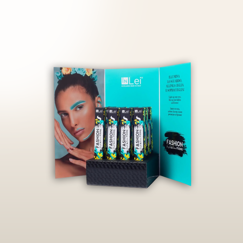 Expositor de mostrador INLEI® con panel turquesa y estuches de pestañas