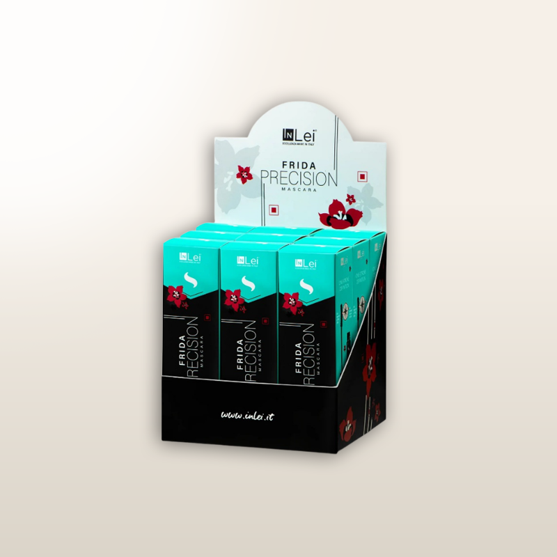 Expositor de mostrador con cajas de máscara de pestañas Frida Precision, azul y negro