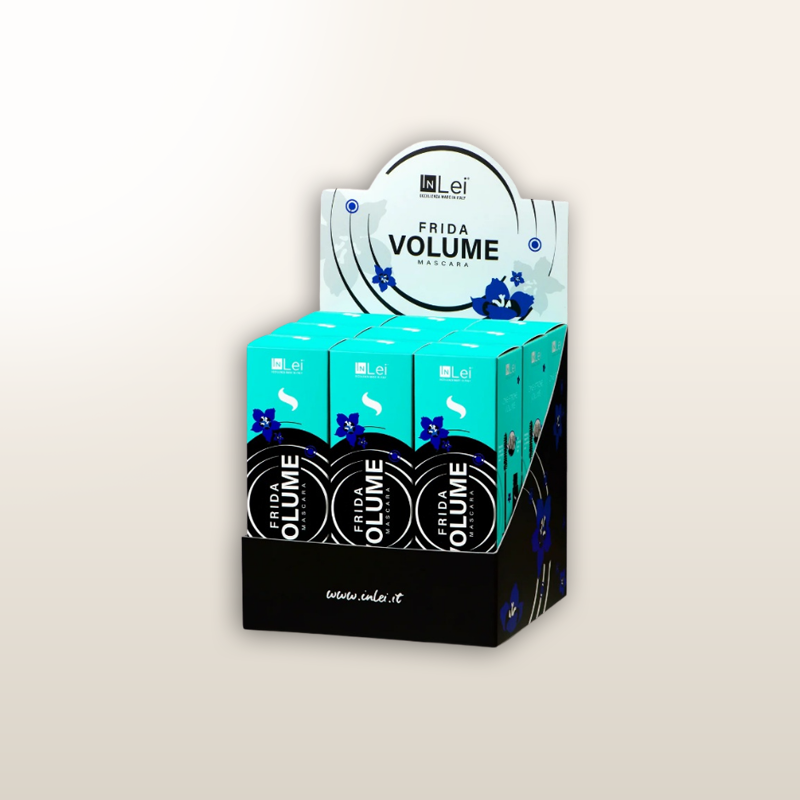 Expositor de mostrador INLEI® Frida Volume: cartón con cajas y diseño azul floral.