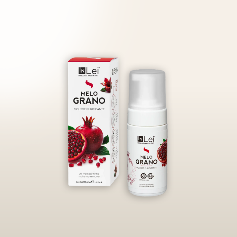 Mousse purificante INLEI® Melo Grano en envase blanco con tapa y caja