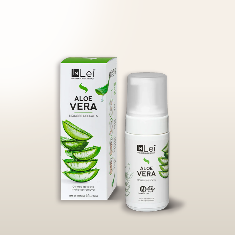 Espuma delicada de Aloe Vera INLEI® en frasco blanco de 100 ml y caja