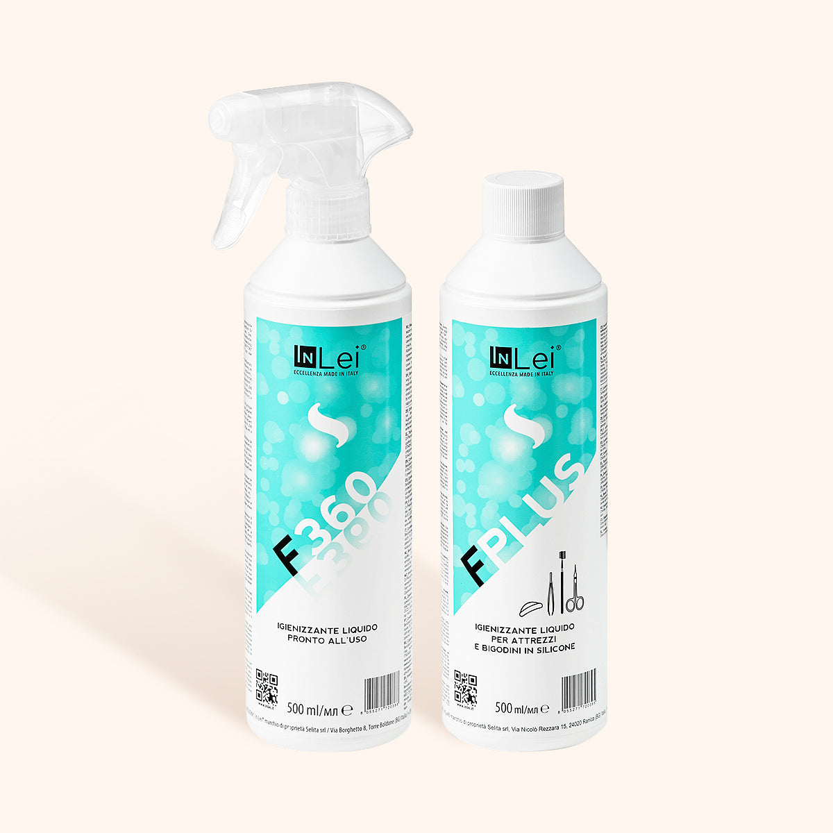 Lote de 2 sprays desinfectantes INLEI® F Plus/F360 en botellas blancas de 500 ml