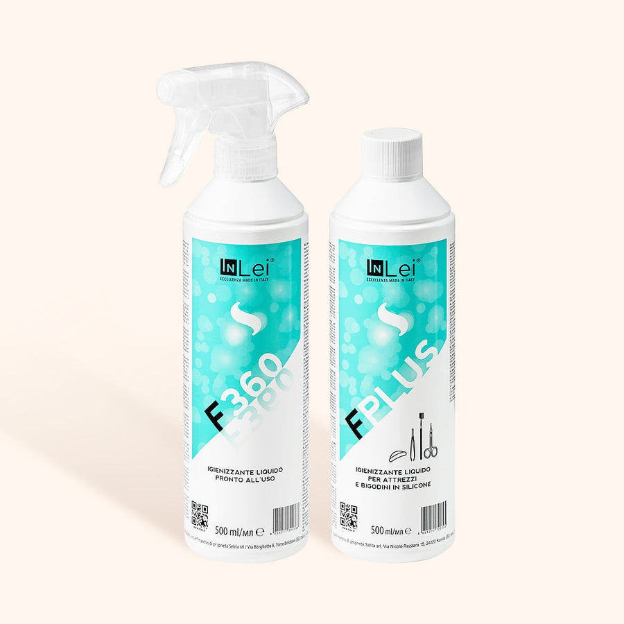 Lote de 2 sprays desinfectantes INLEI® F Plus/F360 en botellas blancas de 500 ml