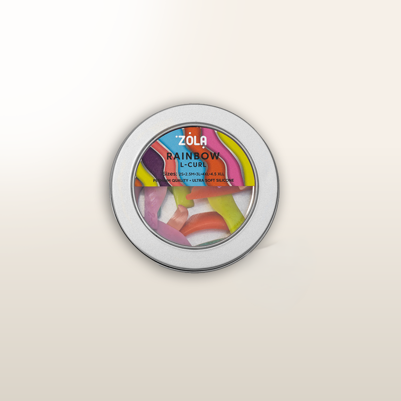 Recipiente metálico con ventana de ZOLA® Rainbow L-Curl pads, tamaño 2S–4.5XLL
