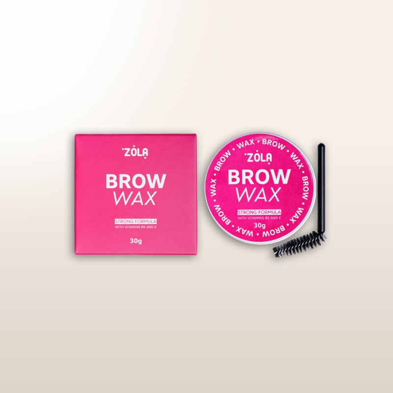 Cera para cejas ZOLA® en caja rosa y frasco redondo de 30 g con tapa y cepillo