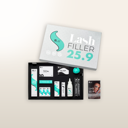 Kit rellenador de pestañas INLEI® con frasco y aplicadores, en caja negra y estuche.