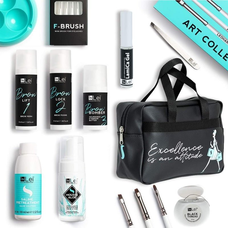 Kit profesional INLEI BROW BOMBER con botellas para cejas y neceser negro